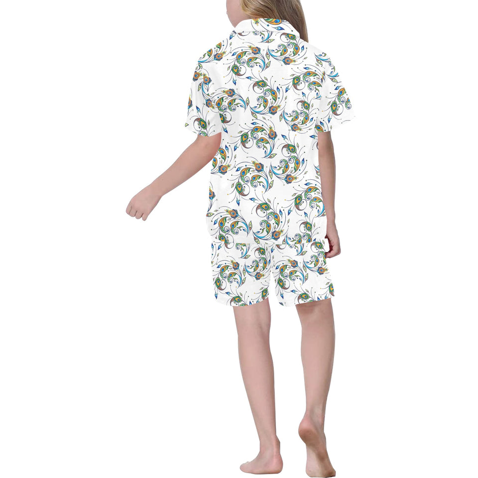 Peacock feather pattern Kids' Boys' Girls' V-Neck Short Pajama Set