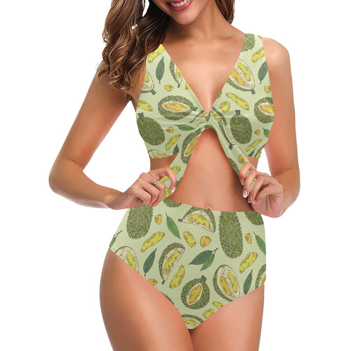 Durian leaves pattern background Chest Bowknot High Waisted Bikini Swimsuit