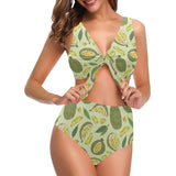 Durian leaves pattern background Chest Bowknot High Waisted Bikini Swimsuit