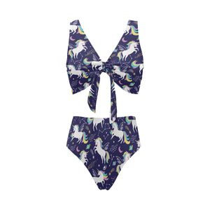 Hand drawn cute unicorn star planet Chest Bowknot High Waisted Bikini Swimsuit