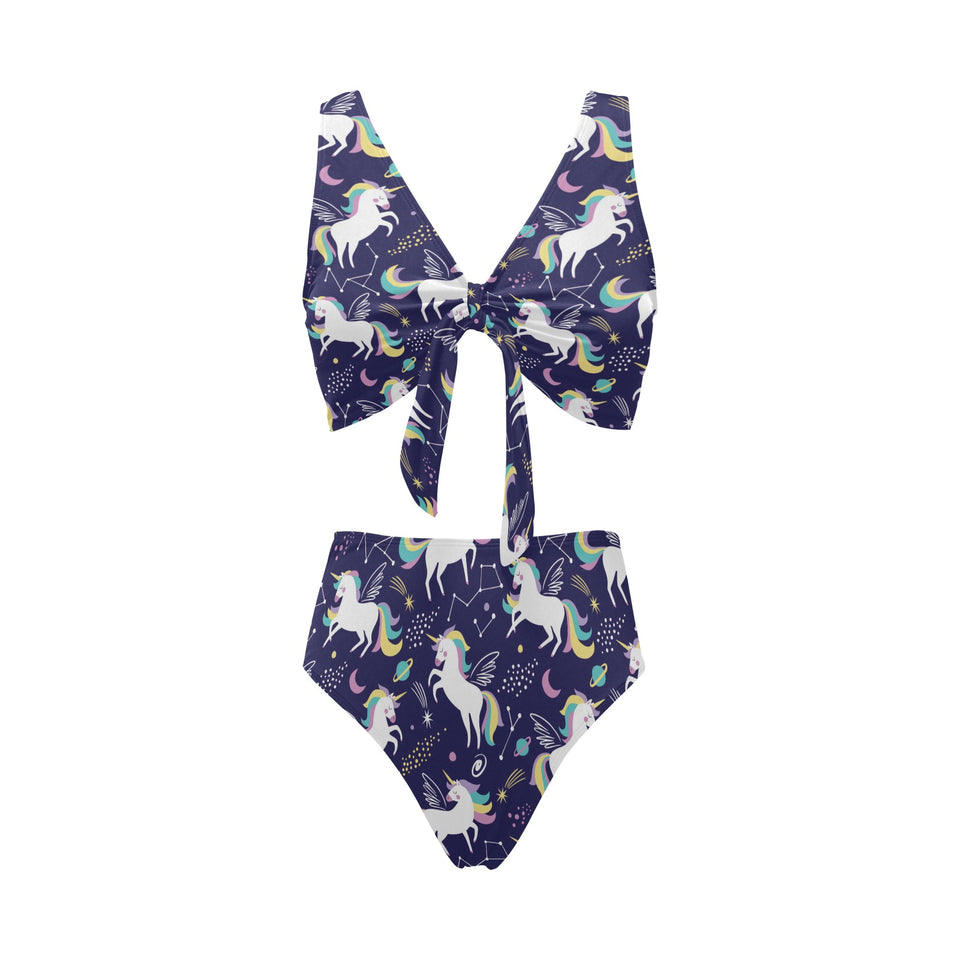 Hand drawn cute unicorn star planet Chest Bowknot High Waisted Bikini Swimsuit