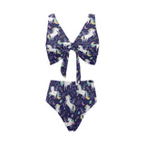 Hand drawn cute unicorn star planet Chest Bowknot High Waisted Bikini Swimsuit
