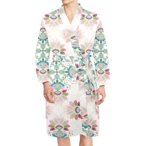 Square floral indian flower pattern Men's Long Sleeve Belted Night Robe