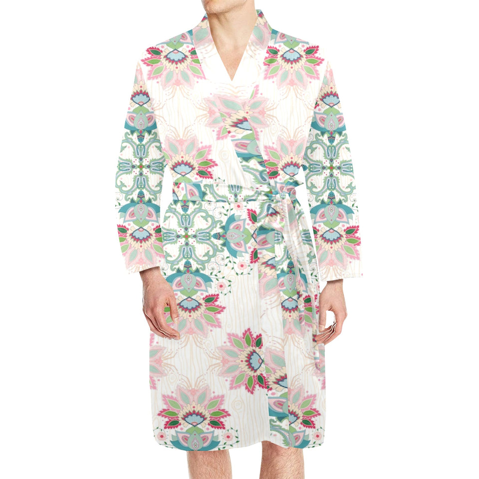Square floral indian flower pattern Men's Long Sleeve Belted Night Robe
