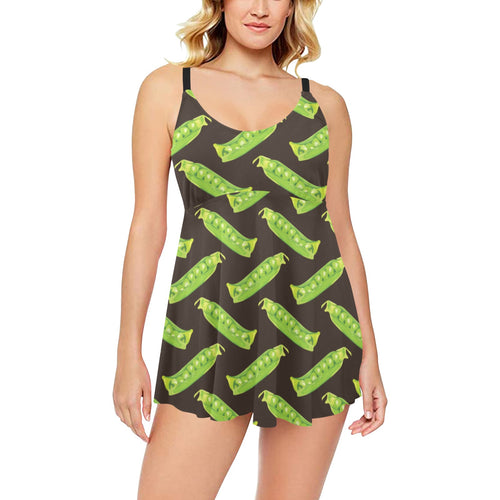 Green Peas Pattern Print Design 05 Chest Sexy Pleated Two Piece Swim Dress