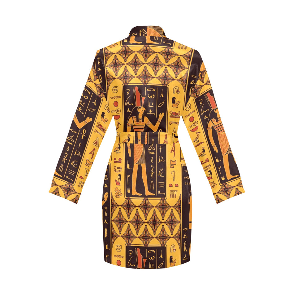 Egypt Hieroglyphics Pattern Print Design 05 Women's Long Sleeve Belted Night Robe