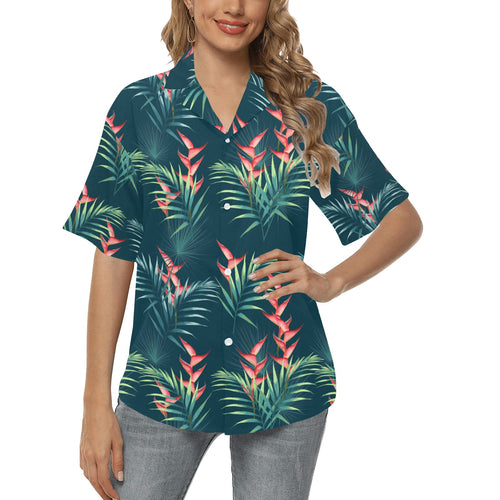 heliconia flowers, palm and monstera leaves on bla Women's All Over Print Hawaiian Shirt