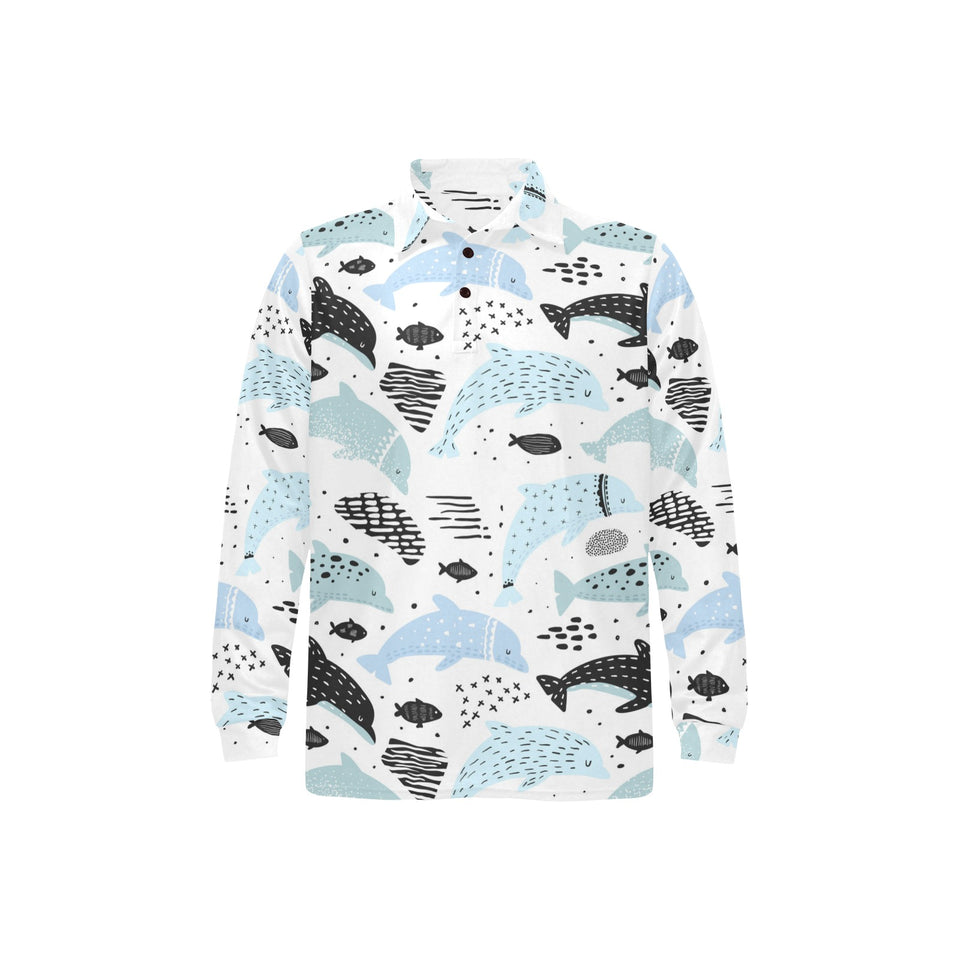 Cute dolphins Childish Style pattern Men's Long Sleeve Polo Shirt
