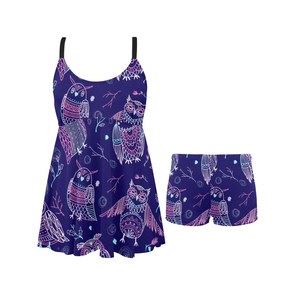 Cute owls pattern boho style ornament Chest Sexy Pleated Two Piece Swim Dress