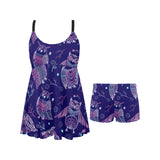 Cute owls pattern boho style ornament Chest Sexy Pleated Two Piece Swim Dress