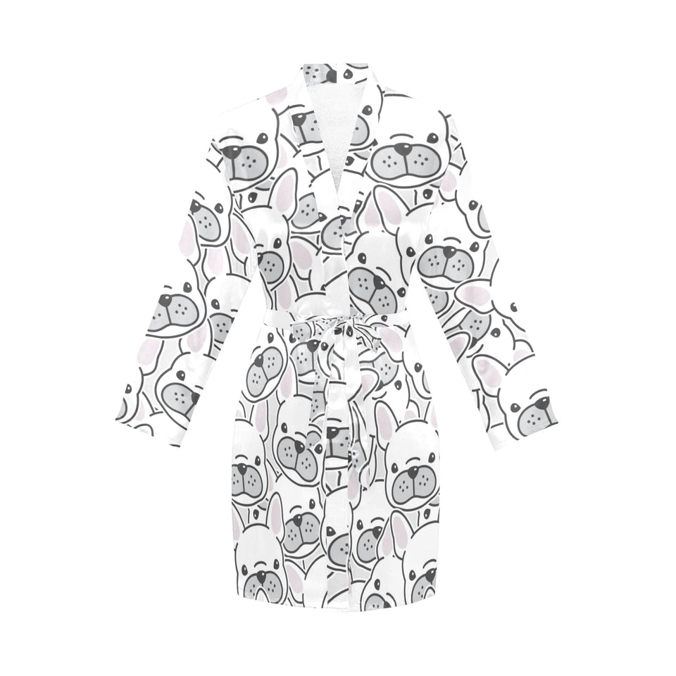 Cute french bulldog head pattern Women's Long Sleeve Belted Night Robe