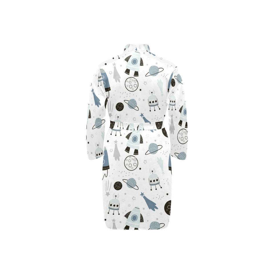 Hand drawn space elements space rocket star planet Men's Long Sleeve Belted Night Robe