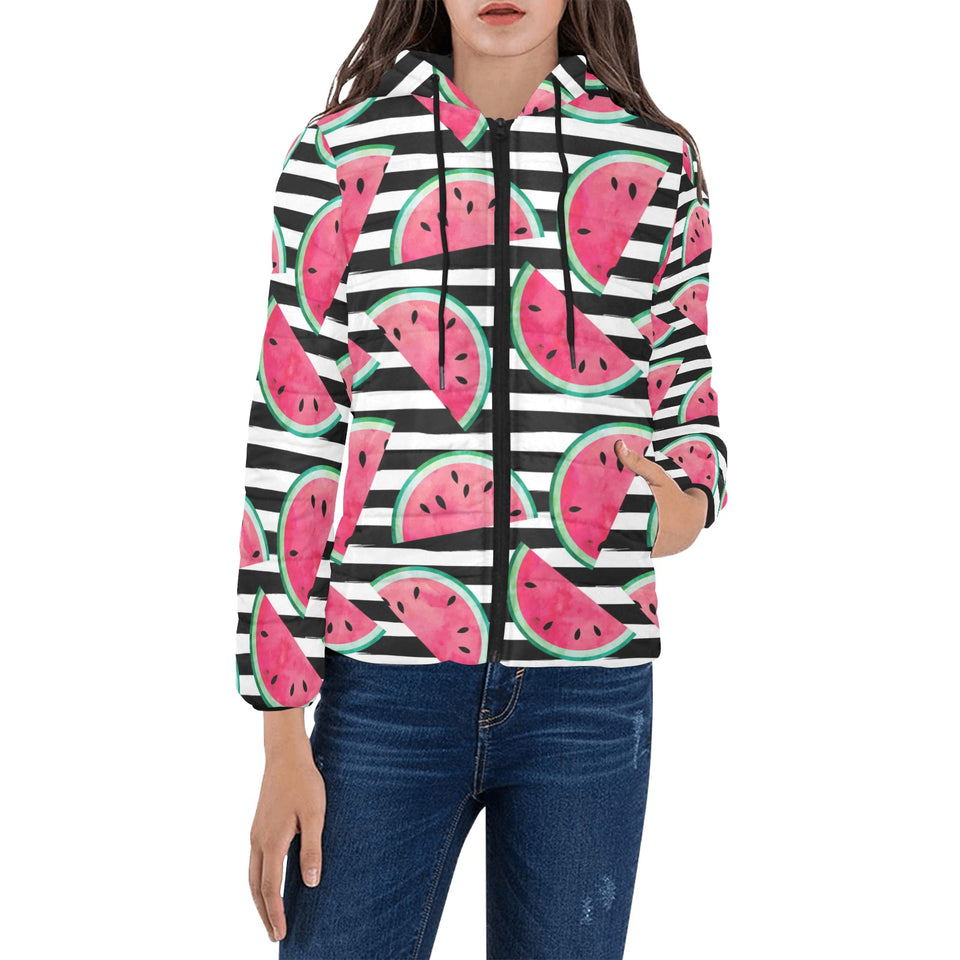 Watercolor paint textured watermelon pieces Women's Padded Hooded Jacket