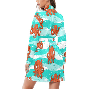 Octopuses sea wave background Women's Long Sleeve Belted Night Robe