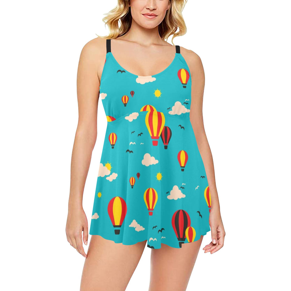 Hot Air Balloon Sky Pattern Chest Sexy Pleated Two Piece Swim Dress