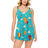 Hot Air Balloon Sky Pattern Chest Sexy Pleated Two Piece Swim Dress