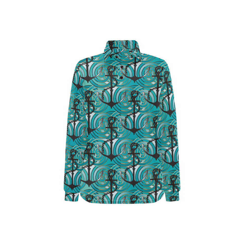 Anchor nautical green background Women's Long Sleeve Polo Shirt