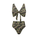 Dark Green camouflage pattern Chest Bowknot High Waisted Bikini Swimsuit