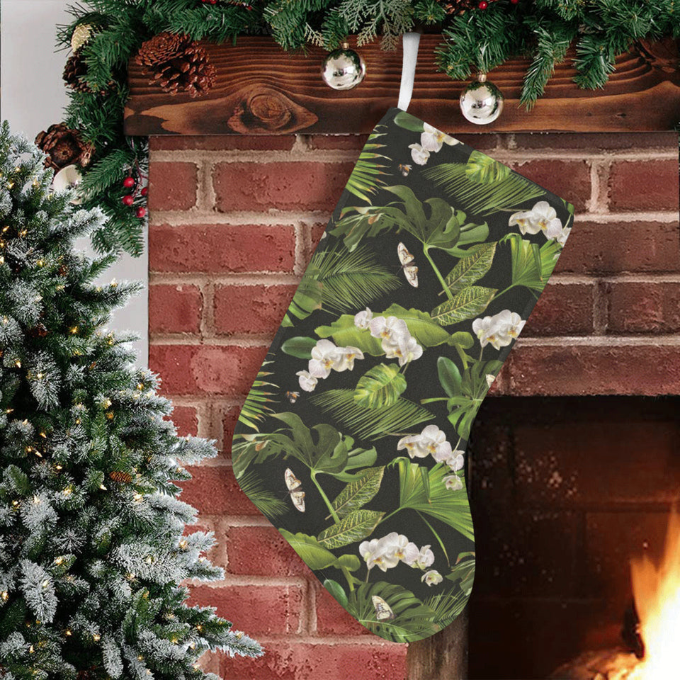 White orchid flower tropical leaves pattern blackg Christmas Stocking