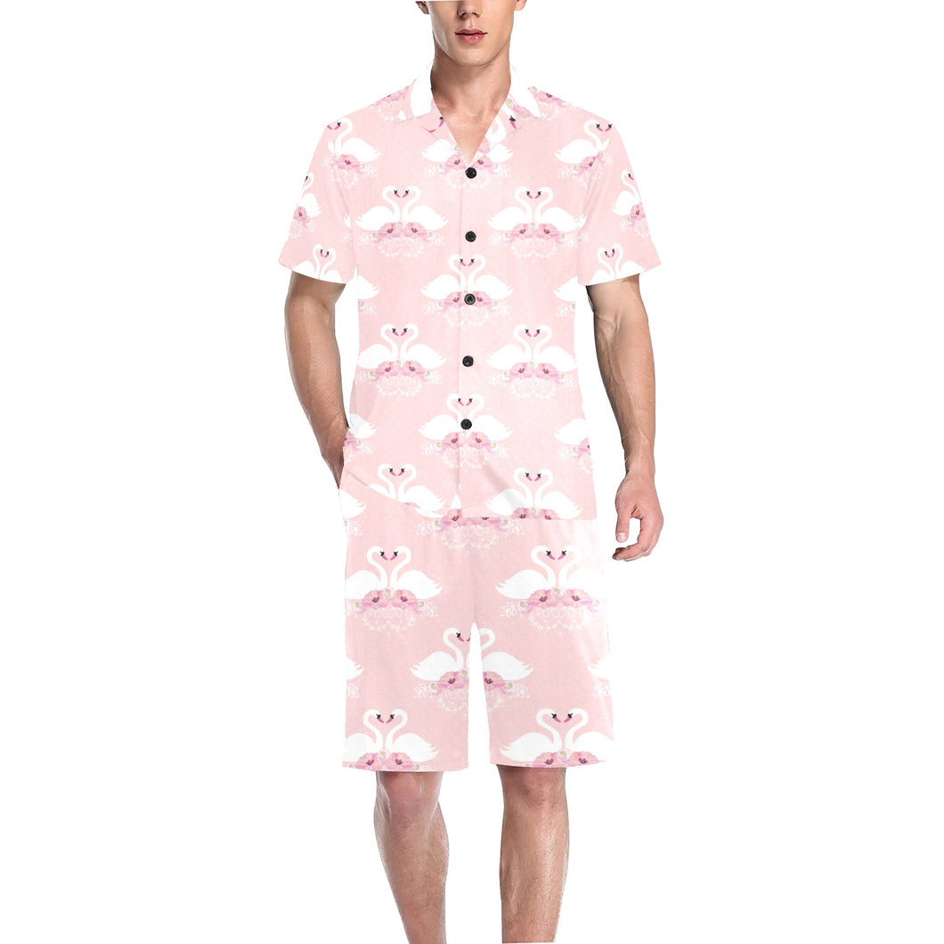 White swan and flower love pattern Men's V-Neck Short Pajama Set
