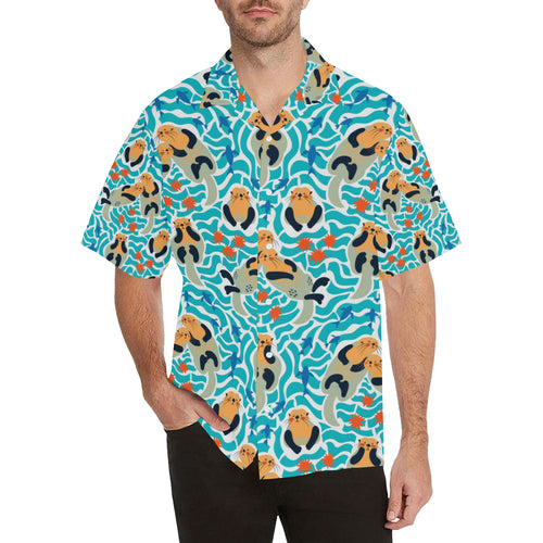 Cute sea otters fishe sea urchin pattern Men's All Over Print Hawaiian Shirt