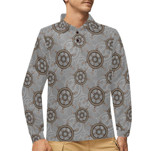 nautical wood steering wheel pattern Men's Long Sleeve Polo Shirt