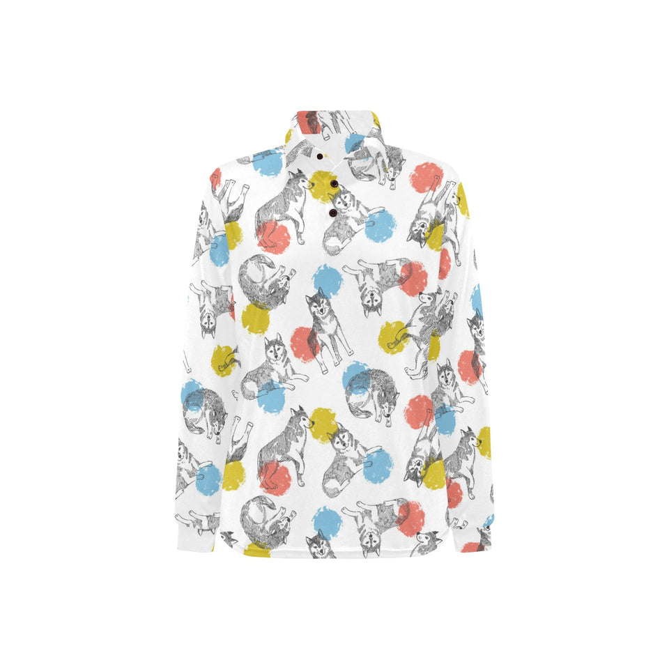 Siberian husky and colorful circle pattern Women's Long Sleeve Polo Shirt