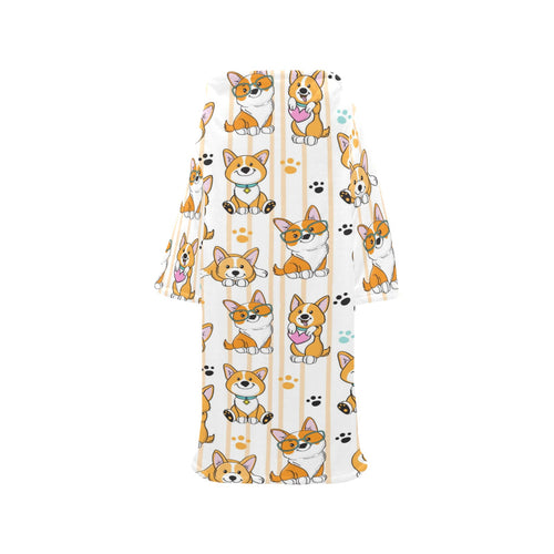 Cute dog corgi striped background pattern Blanket Robe with Sleeves