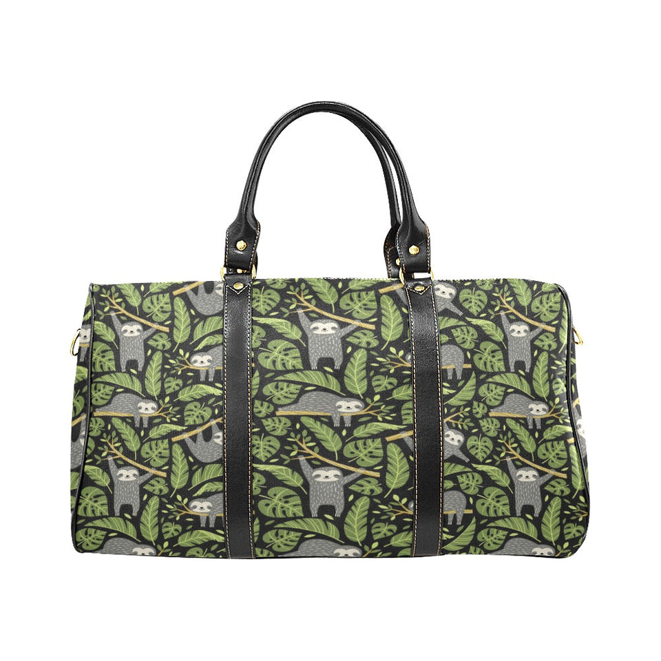 Cute sloths tropical palm leaves black background Travel Bag