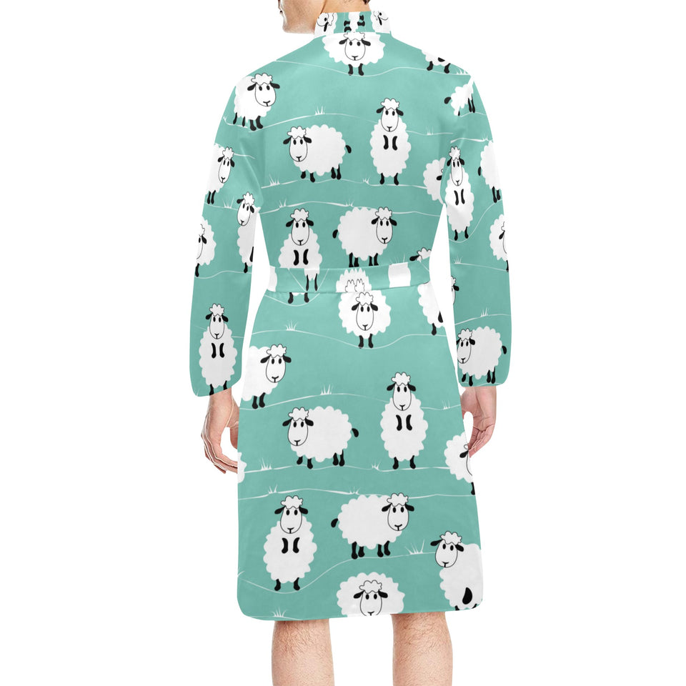 Cute sheep green background Men's Long Sleeve Belted Night Robe