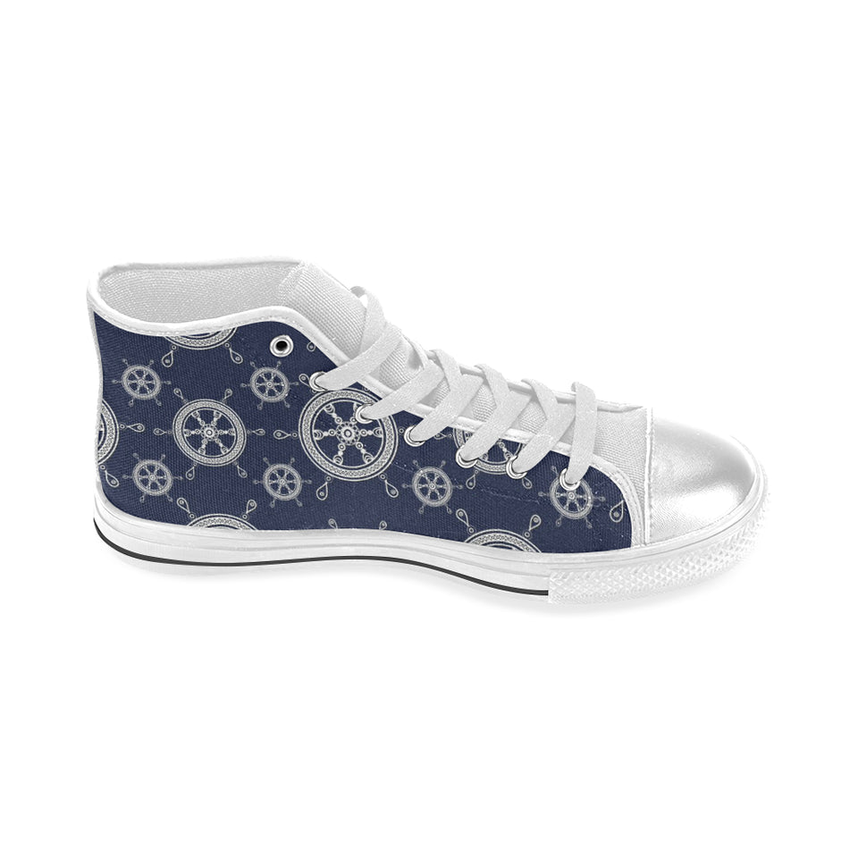 nautical steering wheel design pattern Women's High Top Canvas Shoes White
