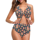 Christmas gingerbread cookie pattern Chest Bowknot High Waisted Bikini Swimsuit