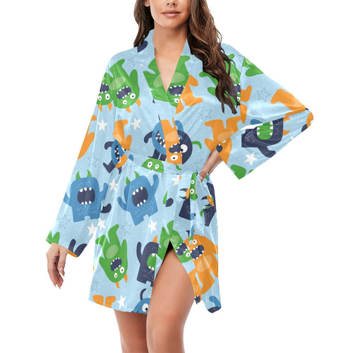 Alien Pattern Print Design 04 Women's Long Sleeve Belted Night Robe