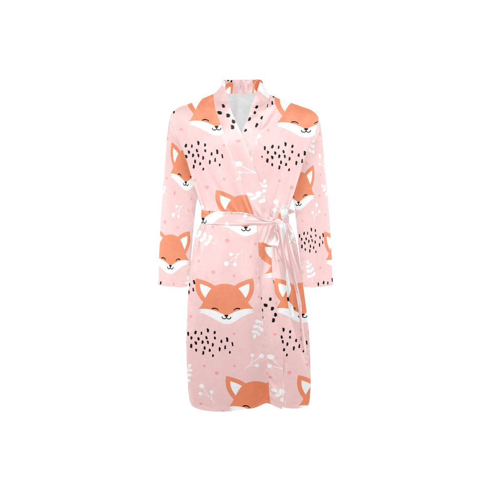 Cute fox pattern pink background Men's Long Sleeve Belted Night Robe