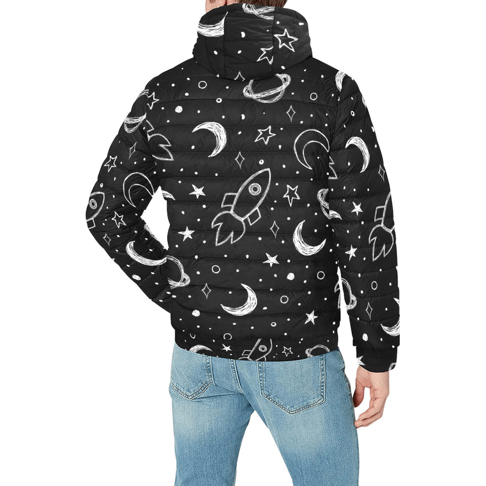 Hand drawn space rocket star planet Men's Padded Hooded Jacket