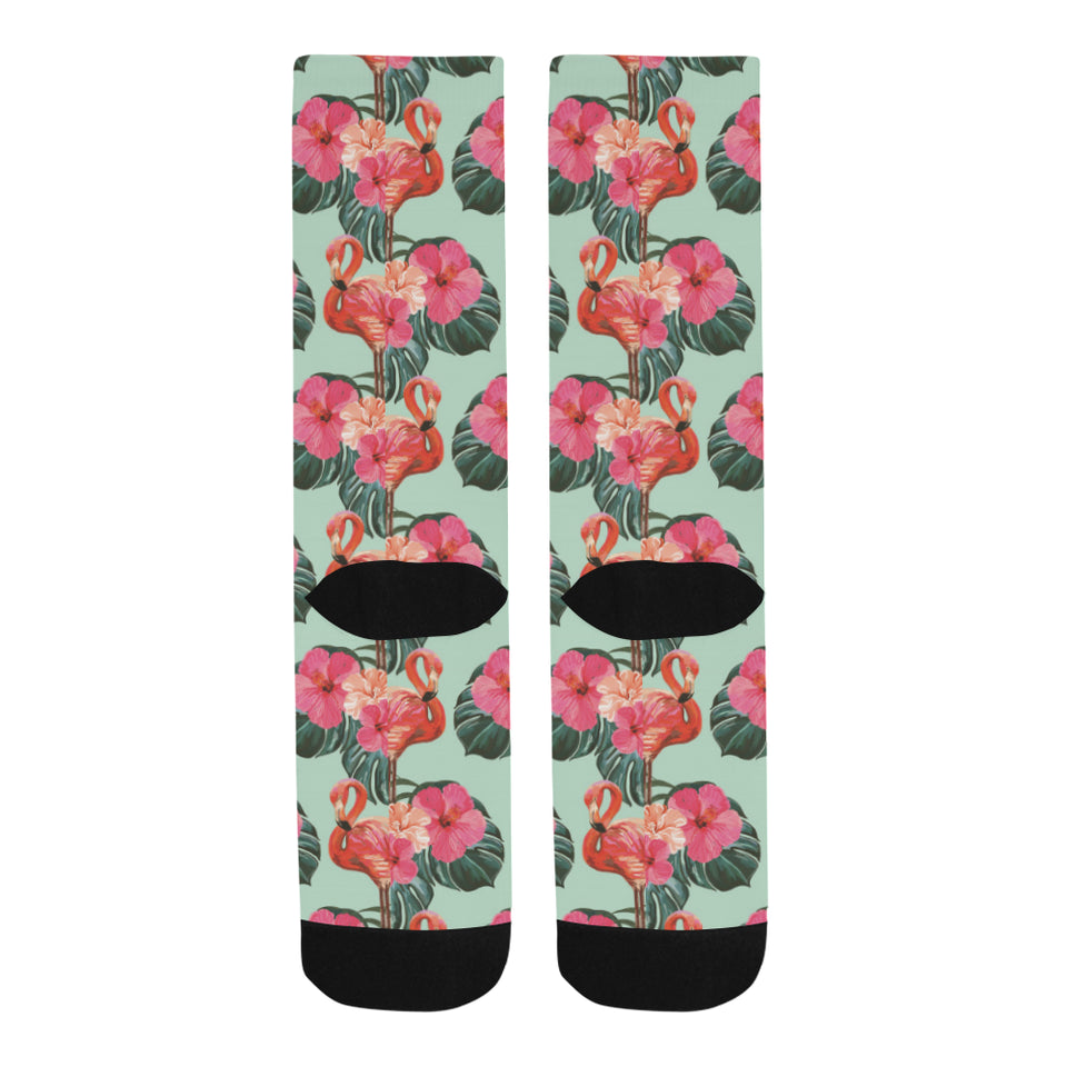 Beautiful flamingo tropical palm leaves hibiscus p Crew Socks