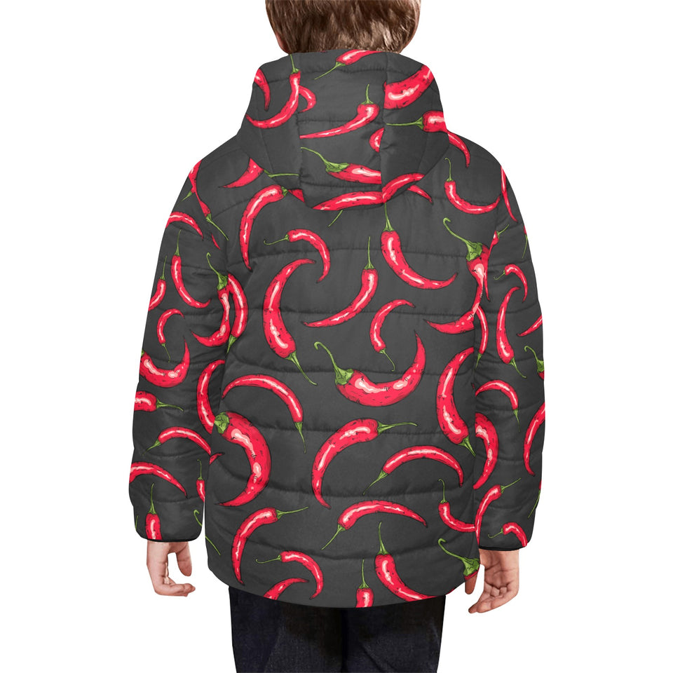 Chili peppers pattern black background Kids' Boys' Girls' Padded Hooded Jacket