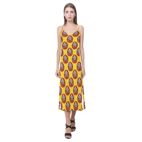 Daruma japanese wooden doll yellow background V-Neck Open Fork Long Dress