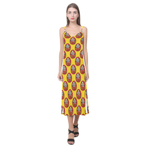 Daruma japanese wooden doll yellow background V-Neck Open Fork Long Dress