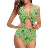 Avocado pattern green background Chest Bowknot High Waisted Bikini Swimsuit