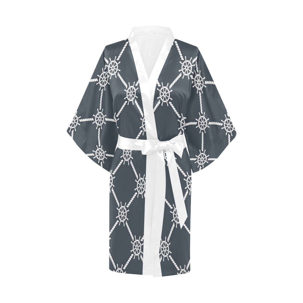 nautical steering wheel rope pattern Women's Short Kimono Robe