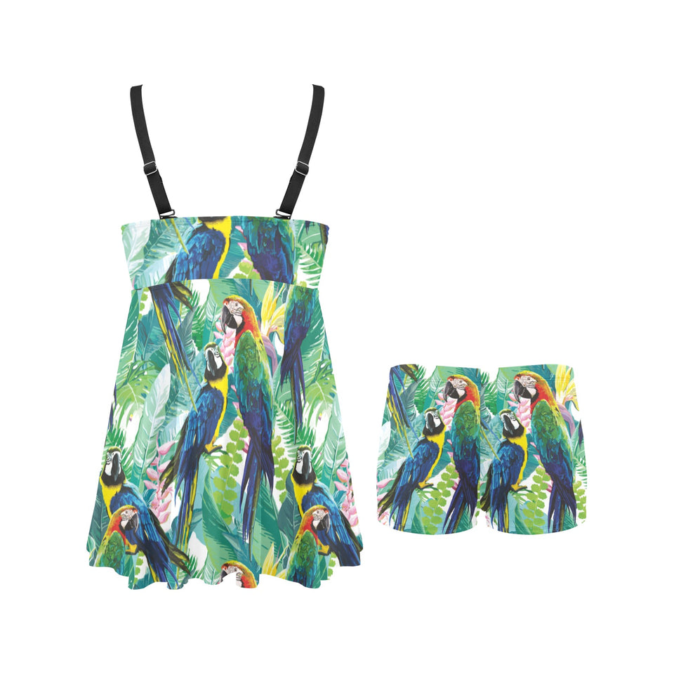 Colorful parrot exotic flower leaves Chest Sexy Pleated Two Piece Swim Dress