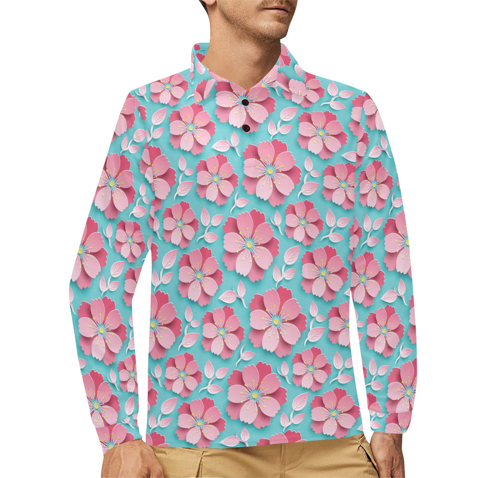 3D sakura cherry blossom pattern Men's Long Sleeve Polo Shirt