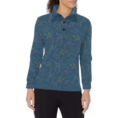 Swordfish Pattern Print Design 02 Women's Long Sleeve Polo Shirt