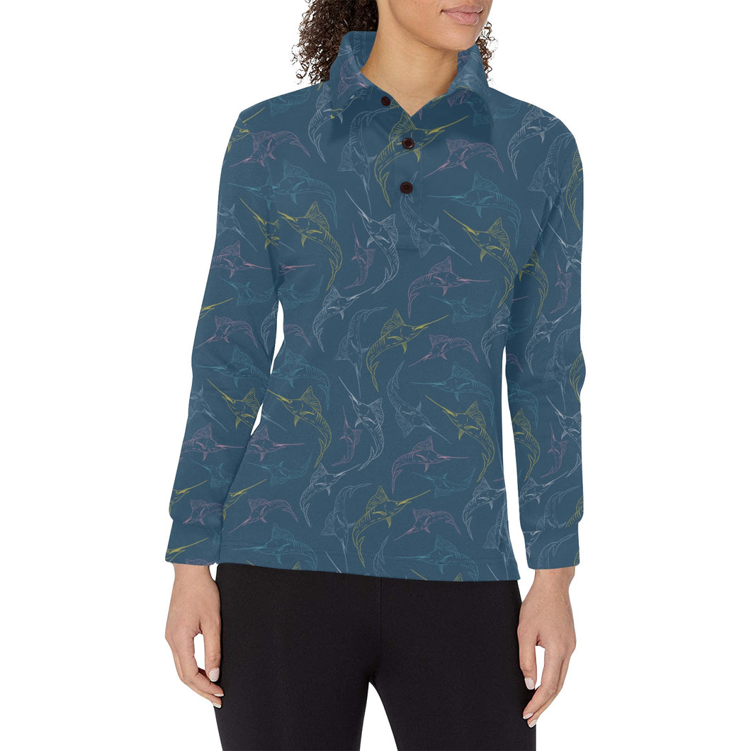 Swordfish Pattern Print Design 02 Women's Long Sleeve Polo Shirt