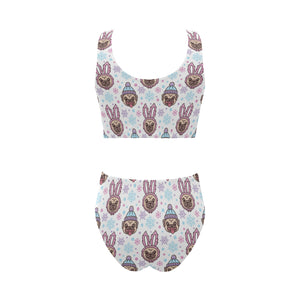 Cute pug hat rabbit costume pattern Chest Bowknot High Waisted Bikini Swimsuit