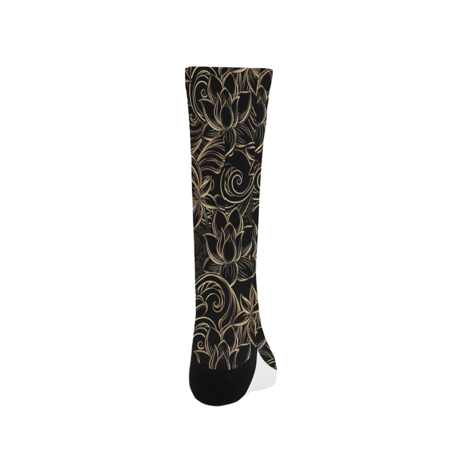 luxurious gold lotus waterlily black background Crew Socks