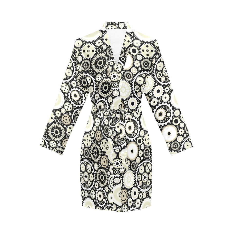 Gear Pattern Print Design 02 Women's Long Sleeve Belted Night Robe