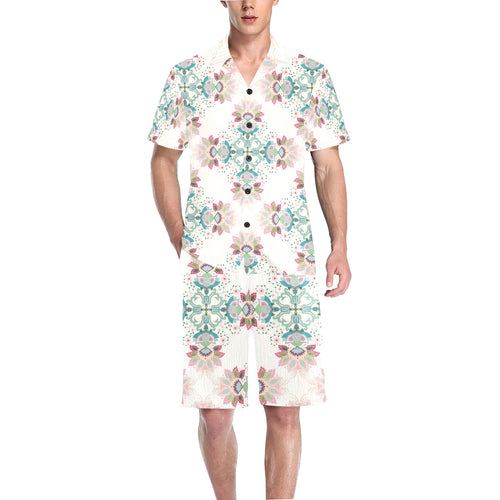 Square floral indian flower pattern Men's V-Neck Short Pajama Set