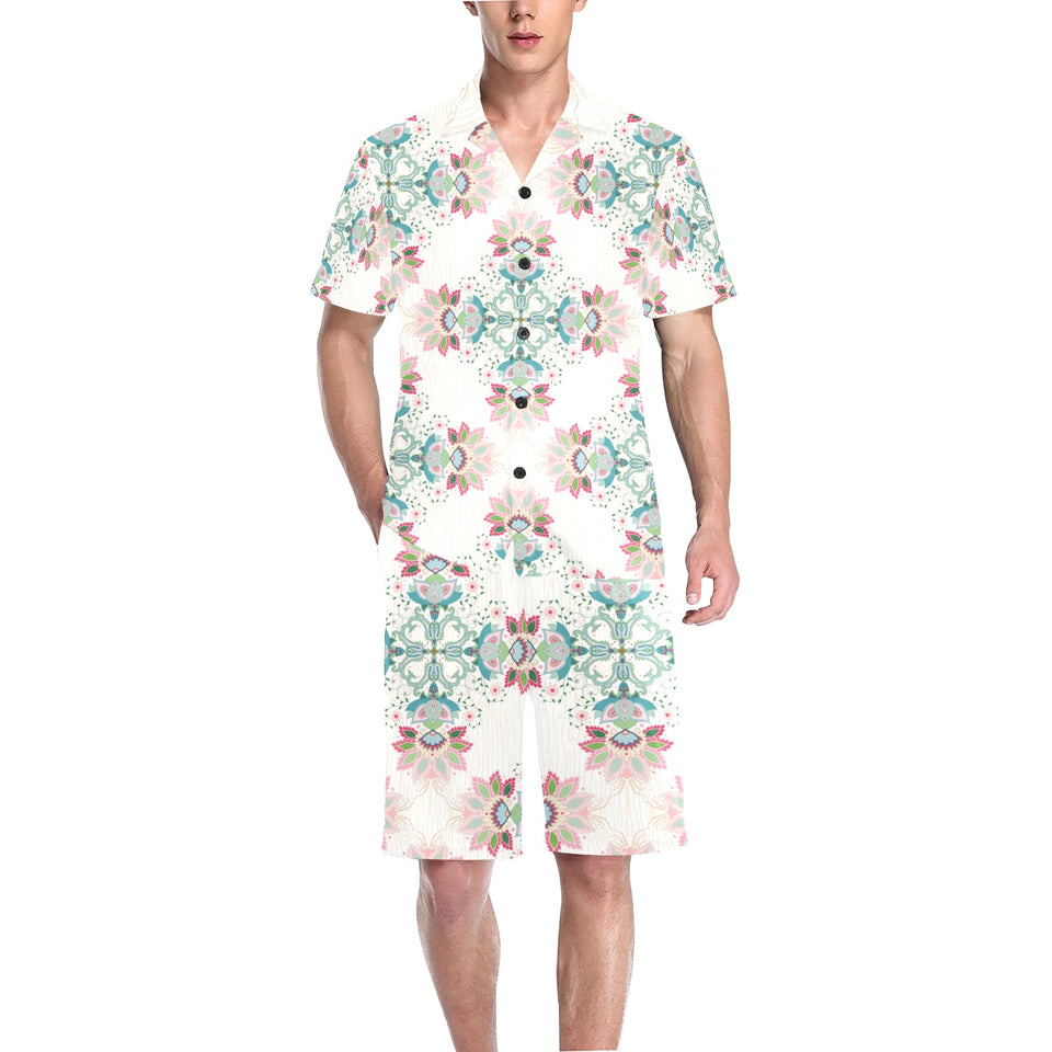 Square floral indian flower pattern Men's V-Neck Short Pajama Set